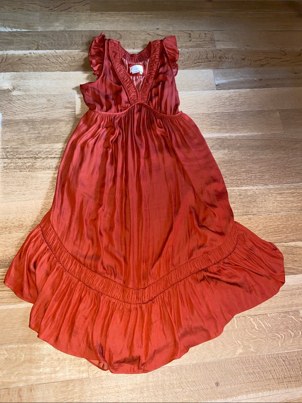Anthropologie Copper Rust Orange Smocked Midi Maxi Pocket Dress Smocking Ruffles